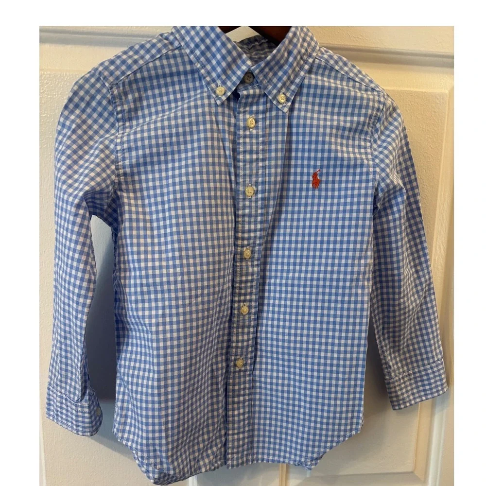 Ralph Lauren Kids Blue Gingham Cotton Button Down Shirt Size 5 Orange Pony
